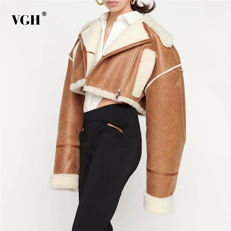 VGH Korean Fashion Patchwork PU Leather Colorblock Jacket For Women Lapel Collar Long Sleeve Zipper Coats Female Winter Clothing 211109