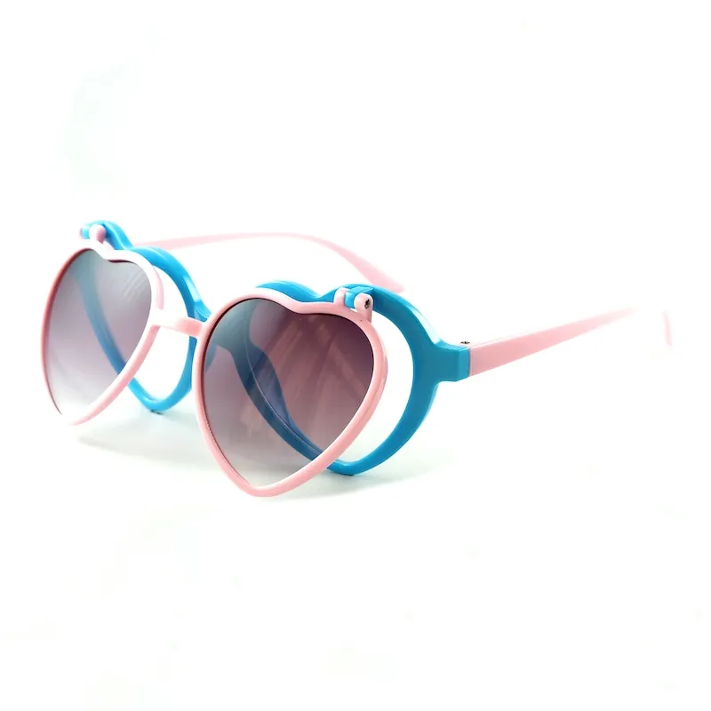 Enfants taille belle forme de coeur Double cadre lunettes de soleil filles mignonnes lunettes avec lentille de Protection UV400 en gros
