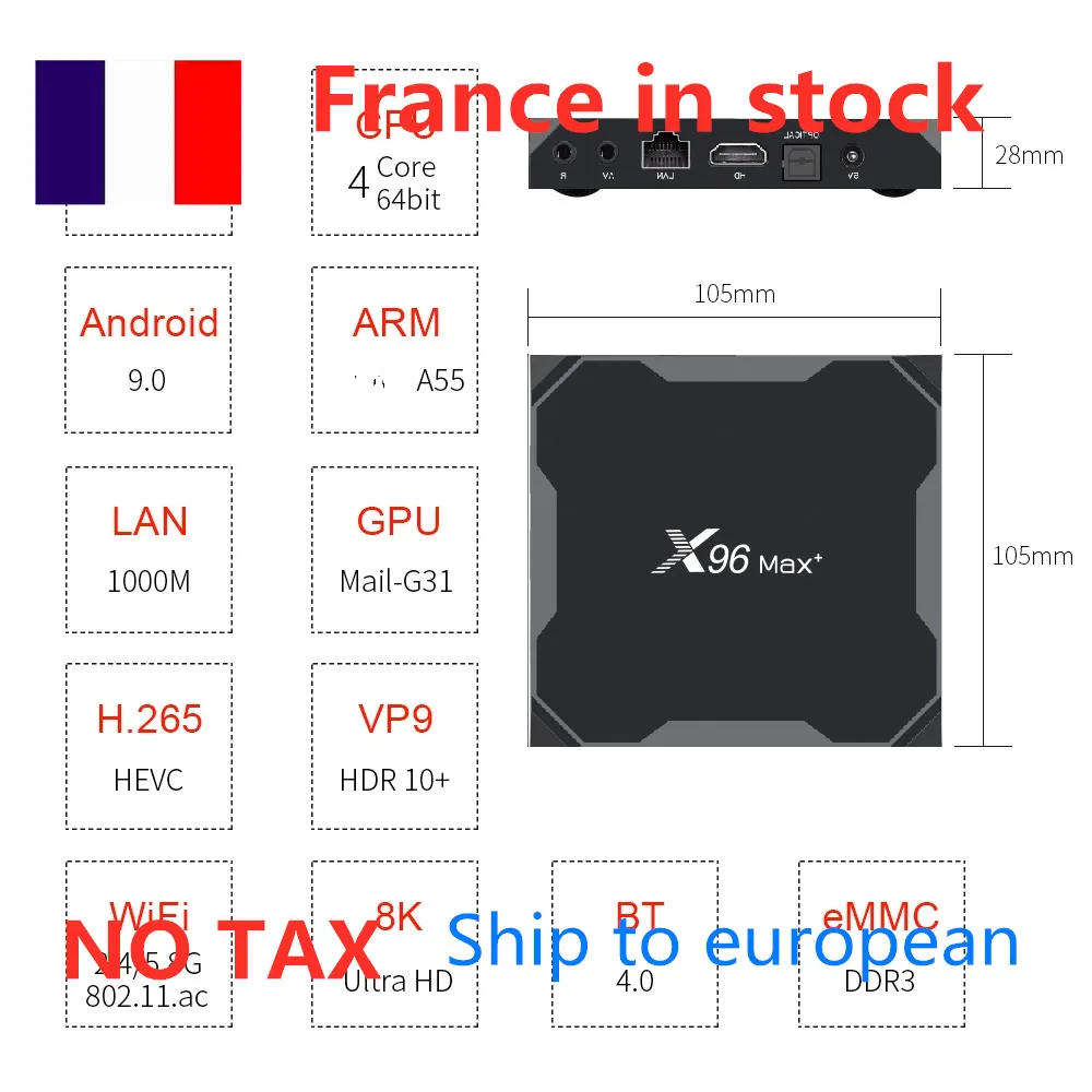 Boîtier tv X96 MAX PLUS amlogic s905x3, 4 go de ram, 32 go de rom, double wifi, lan 1000 m, android 9.0, livraison depuis la France vers l'europe