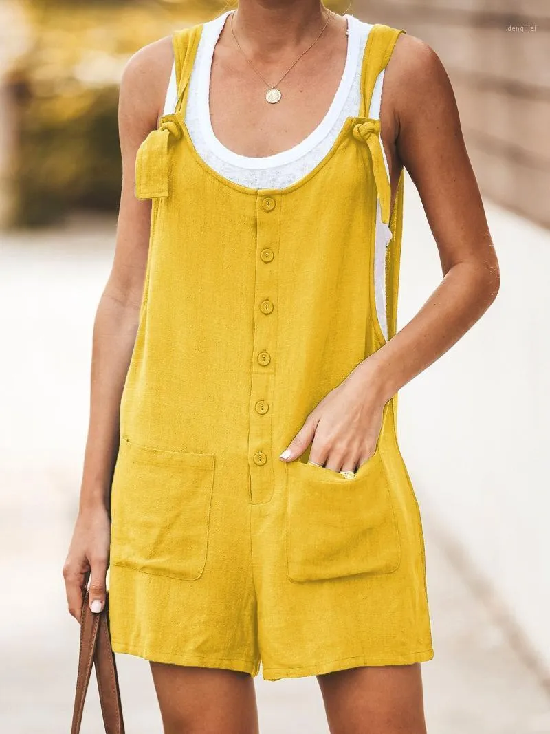 Women's Jumpsuits & Rompers Cotton Linen Sleeveless Short Jumpsuit Women Streetwear Playsuits Pockets Loose Beach Casual Boho Clothing