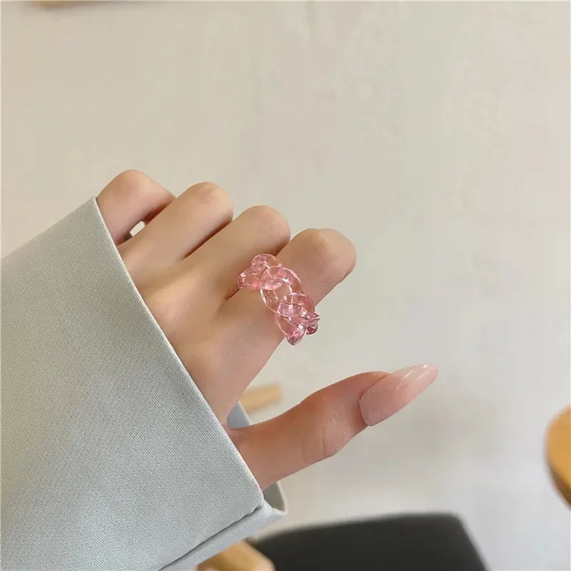 Transparent rose vert résine chaîne anneau irrégulier géométrique torsion doigt rond anneaux pour femmes cadeaux bijoux