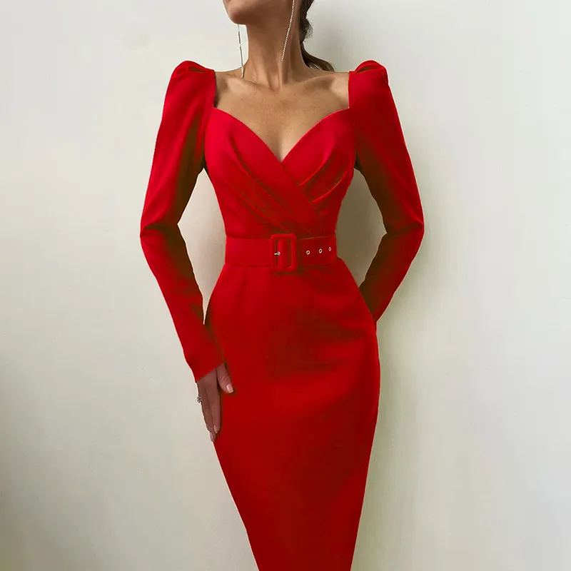 Elegant Red pencil skirt dress formal with V Neck and Long Sleeves for Women Perfect for Parties Office and Casual Wear Solid Color
