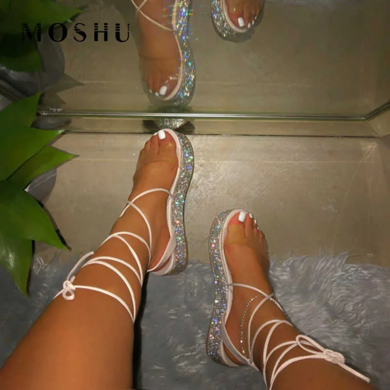 Sommer Plattform Sandalen Frauen Lange Knöchel Riemen Strass Schuhe Offene spitze Strand Sandalia Feminina Alias Mujer 2020 Y0721