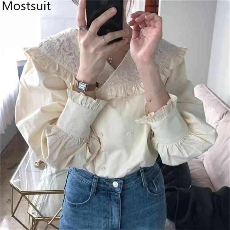 Automne Floral Brodé Coréen Femmes Blouses Chemises À Manches Longues À Double Boutonnage Solide Mode Vintage Tops Blusas Femme 210513