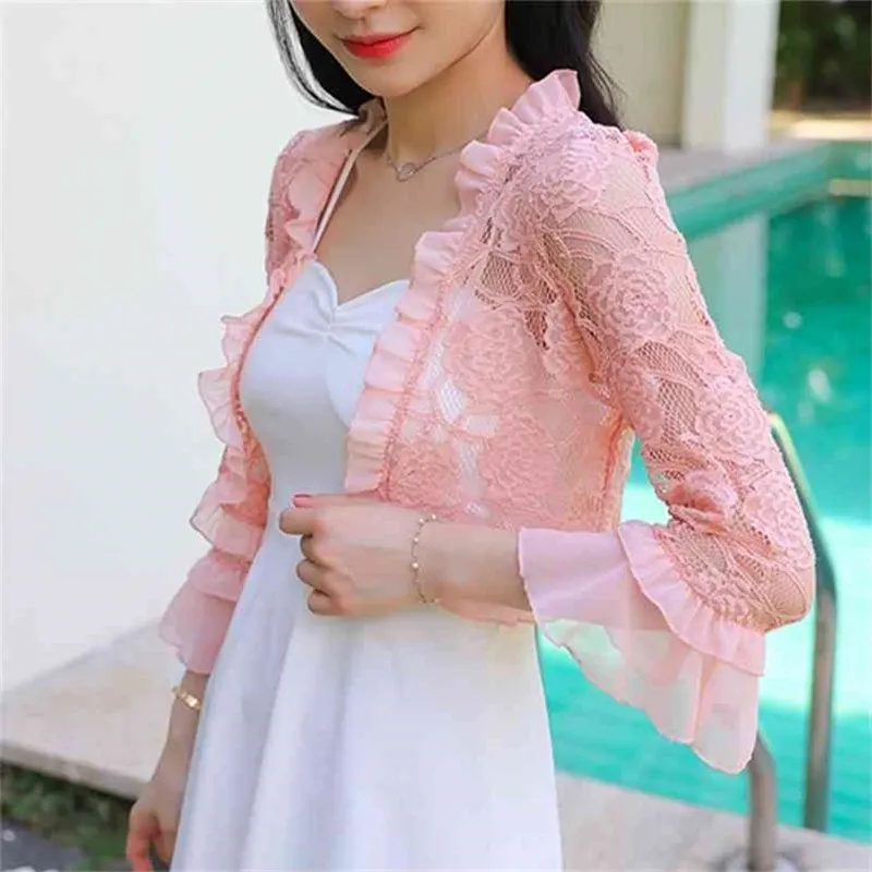 Summer Lace Shirt Women Blouse Hollow Out Crochet Short Tops Cardigan Shawl Waistcoat Vest blusas femininas T91591 210421