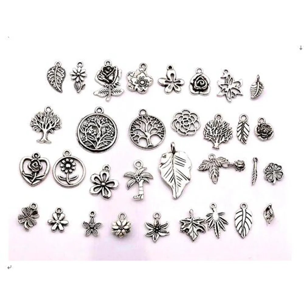 160pcs antika silverblandade blommor, träd, löv Charm Pendants för smycken, örhängen, halsband DIY Tillbehör