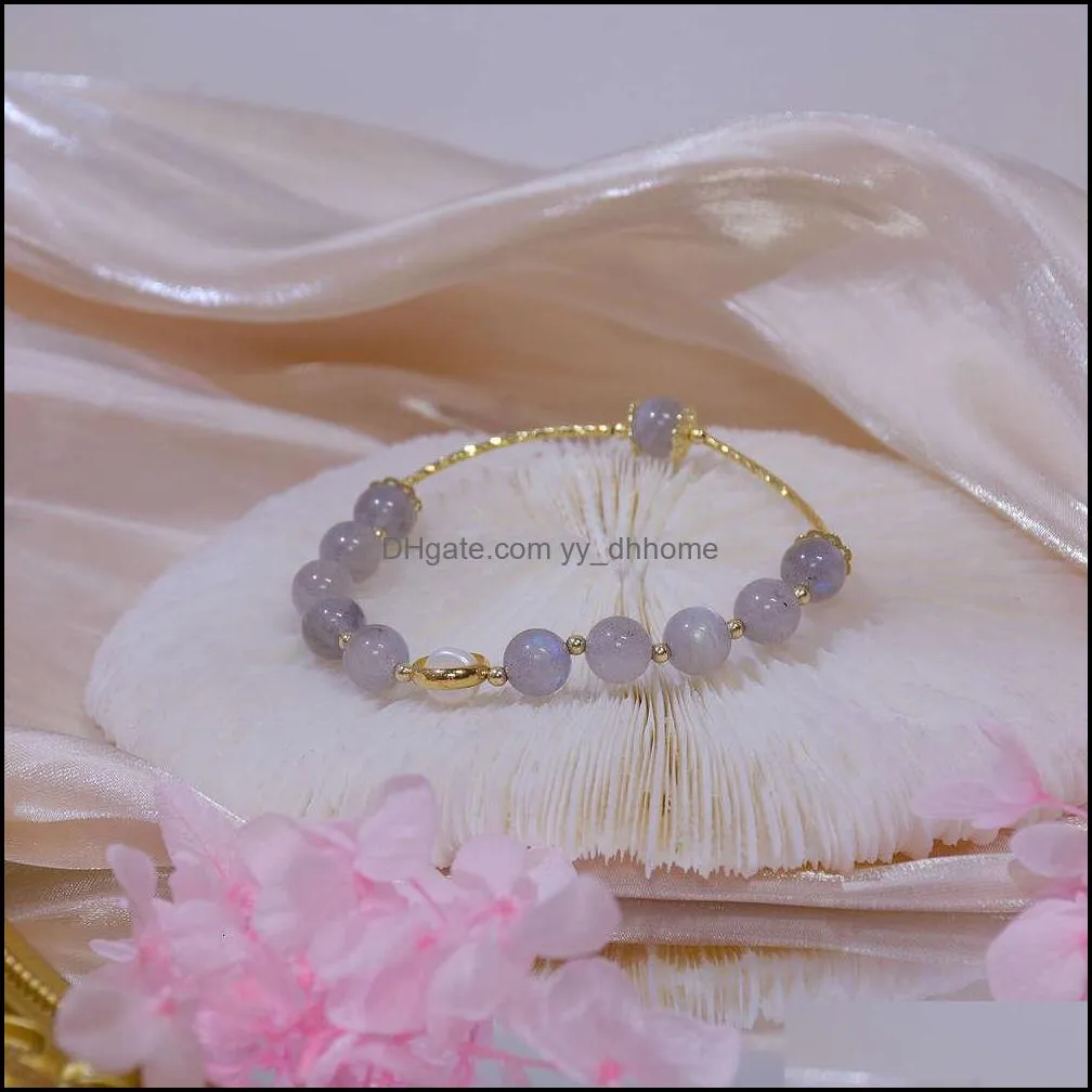 bangles Light luxury natural Moonstone shimmer temperament Bracelet Gift Girl exquisite 14K Gold Elastic