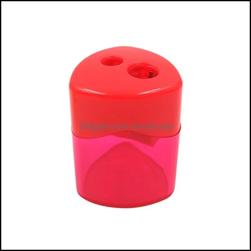 Double hole pencil sharpener Triangular Shaped Pencil Sharpener With Cover and Receptacle Red Blue Yellow and Green