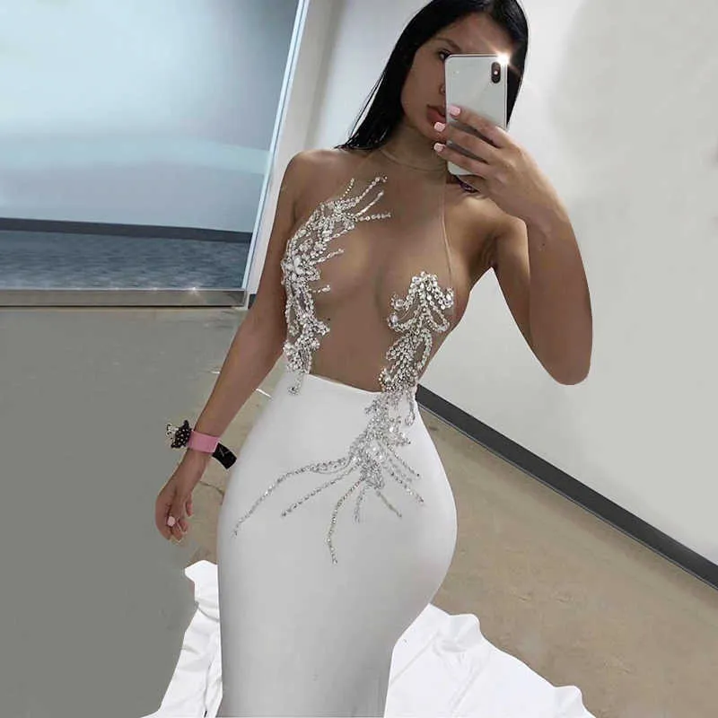 Mode Kvinnor Sexig Genomskinlig Beading Crystal Mesh Black White Bandage Dress Designer Party Vestido 210527