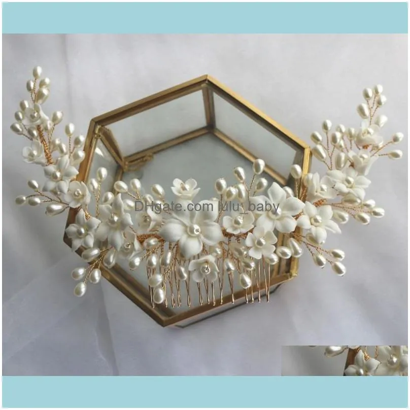 White Ceramic Flower Hair Comb Bridal Crown Pearls Jewelry Handmade Wedding Headpiece Fashion Women Hairpiece