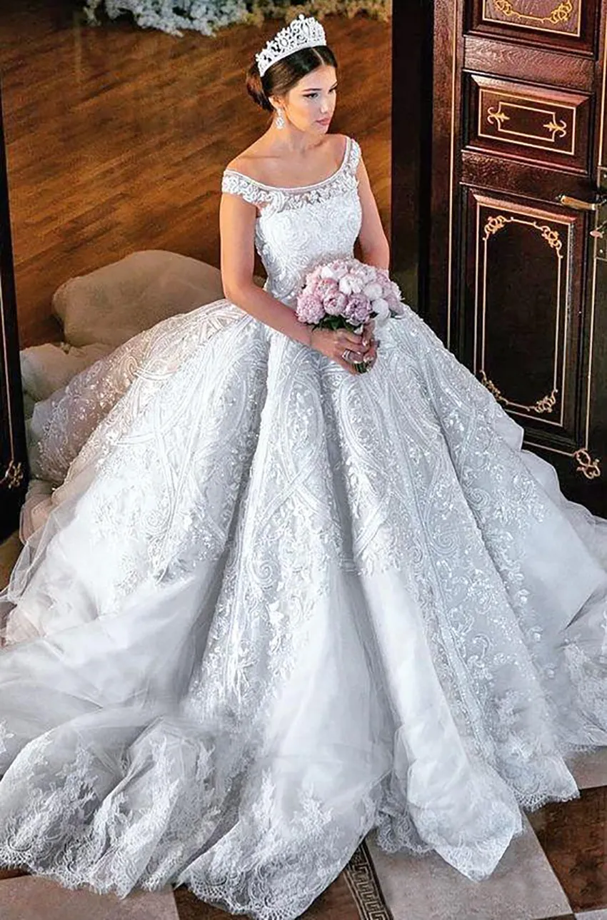 Off Shoulder Princess Big Ballgown Wedding Dress With Sequins