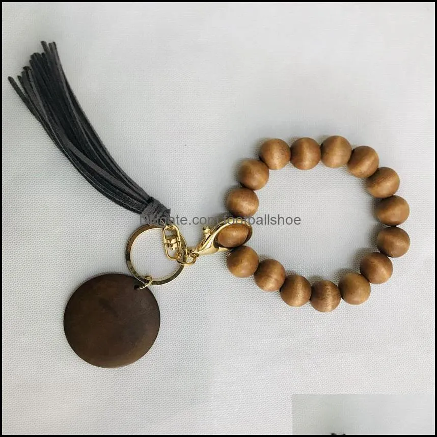 Women and men 7 styles Fashion Keychains Wooden Bracelet Keychain with Tassels Key DIY Fiber Pandent Wood Bead Bangle Keys Decorate 100pcs