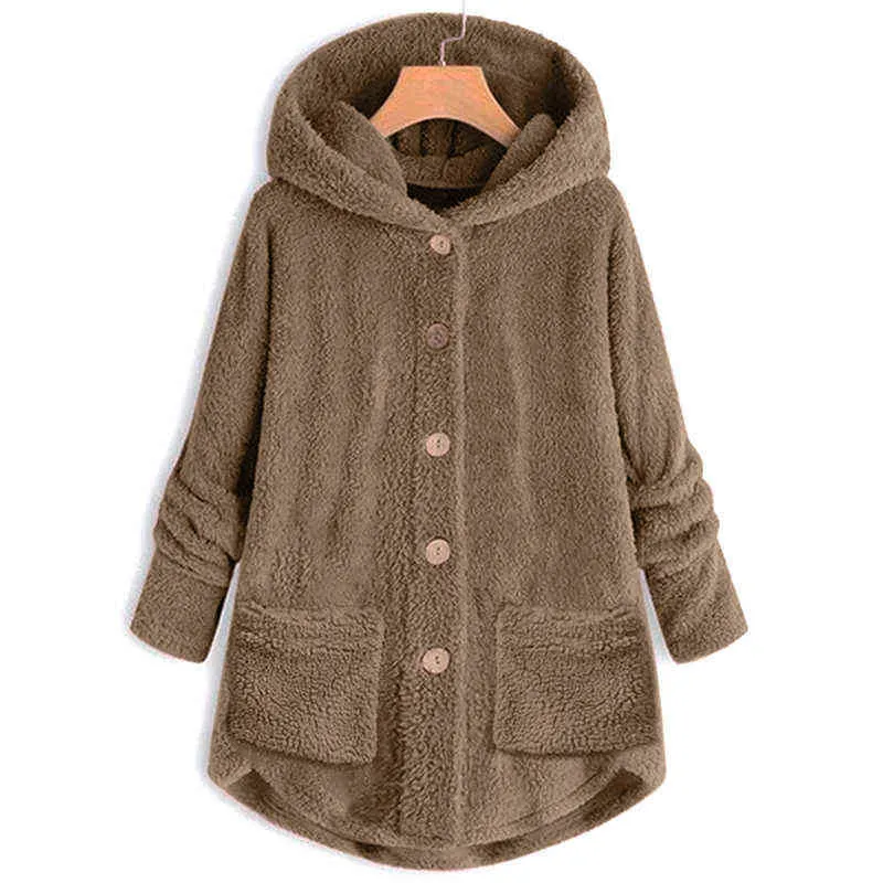 Женщины зимние негабаритные пальто роскошный с длинным рукавом шерсть с капюшоном мода теплый сплошной цвет кнопки толстая одежда для леди 2111118