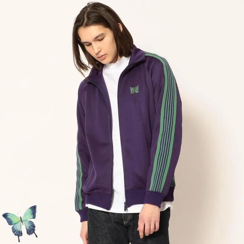 Men's Jackets Purple Needles Jacket Men Women High Street Butterfly Embroidery Logo Track AWGE Webbing Coats