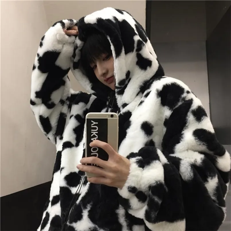 Winter Women Fleece Jackets Furry Teddy Coat Women Harajuku Milk Cow Print Faux Fur Jacket Vintage Hip Hop Warm Streetwear 211105