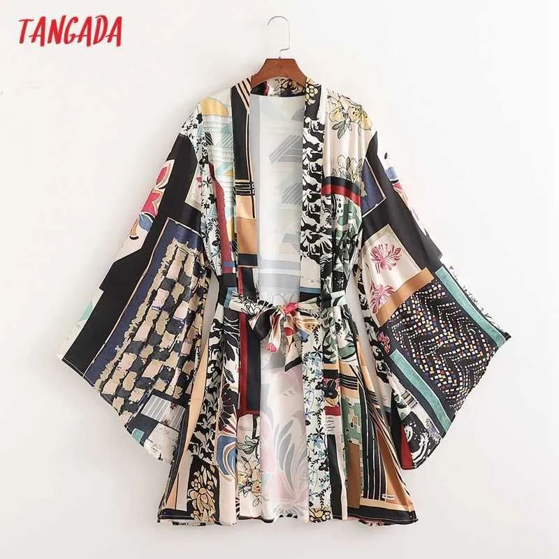 Tangada Women Kobiety kwiatowy Kimono Bluzka z Slash Chic Casual Lady Shirt Blusas Femininas 1D134 210609