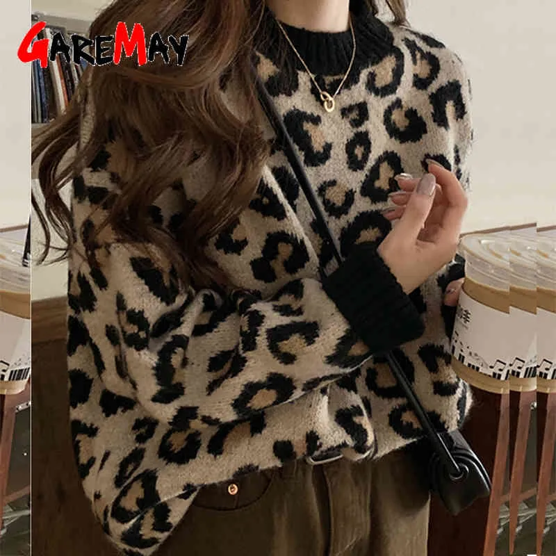 Höst Vinter Leopard Print Sweater Kvinnor Pullover Plus Size Womens S Högkvalitativ Strikked Oversized Jump 210428