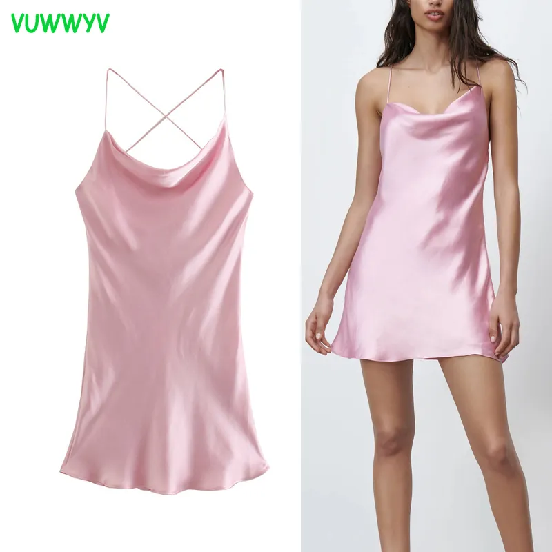 Vuwwyv roze satijn dunne riemen jurk vrouwen zomer sexy backless slip party vrouw elegante jurken club korte vestidos 210430
