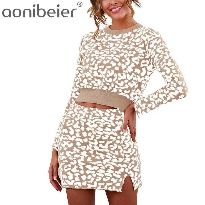 Leopard Print Split Knit Mini Skirt Set Women Two Piece Autumn Winter Long Sleeve Crop Tops Skirts Outfits 210604