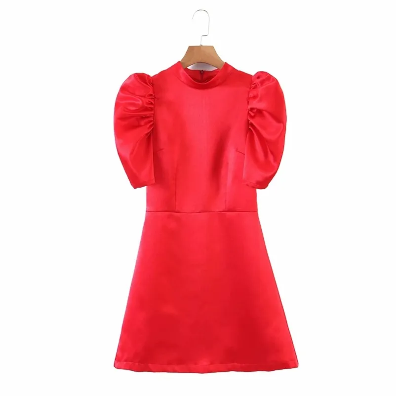 Vintage Kadın Kırmızı Puf Kol Saten Elbise Bahar Zarif Bayanlar Parti Mini Elbiseler Kadın Chic Noel 210515