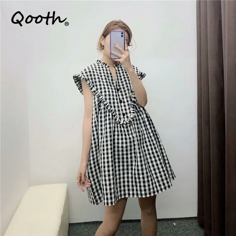 Qooth Rétro Plaid Col En V À Manches À Volants Pull Robe Femmes D'été Style Robe Lâche Causal À Manches Courtes Robe QT704 210518