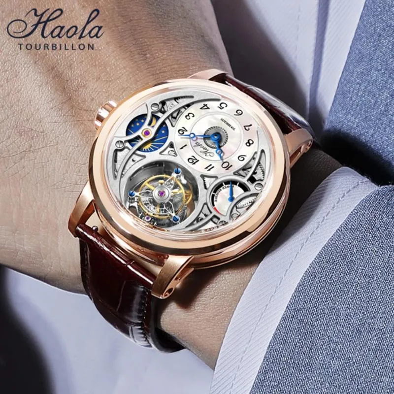 Tourbillon Wristwatches Luxury Watch Watch Skeleton for Men Haofa Small Arabic Numbers Scale Dial Moon Phase Power Reserve Sapphire Waterproof