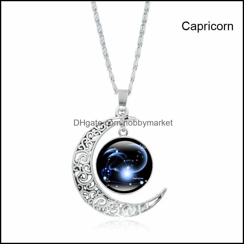 Charms L Constellation Moon Necklace Alloy Astrology Galaxy Crescent Pendant Zodiac Star Glass Bead Couple Neck Jewelry DO99