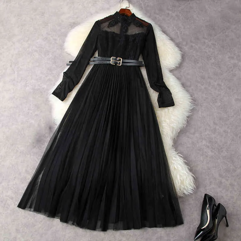 High Street Moda Zroszona Koronkowa Plisowana Siatka Solid Color Dress 210521