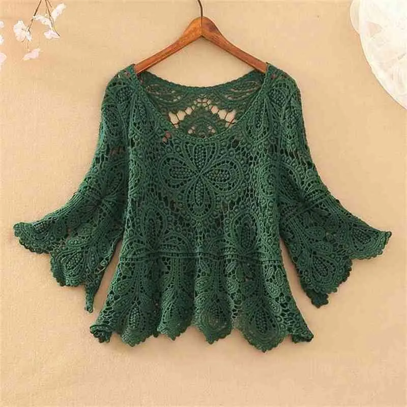 Pequeno casaco feminino crochet oco manga cinco pontos suéter superior o pescoço de malha pullover 210806