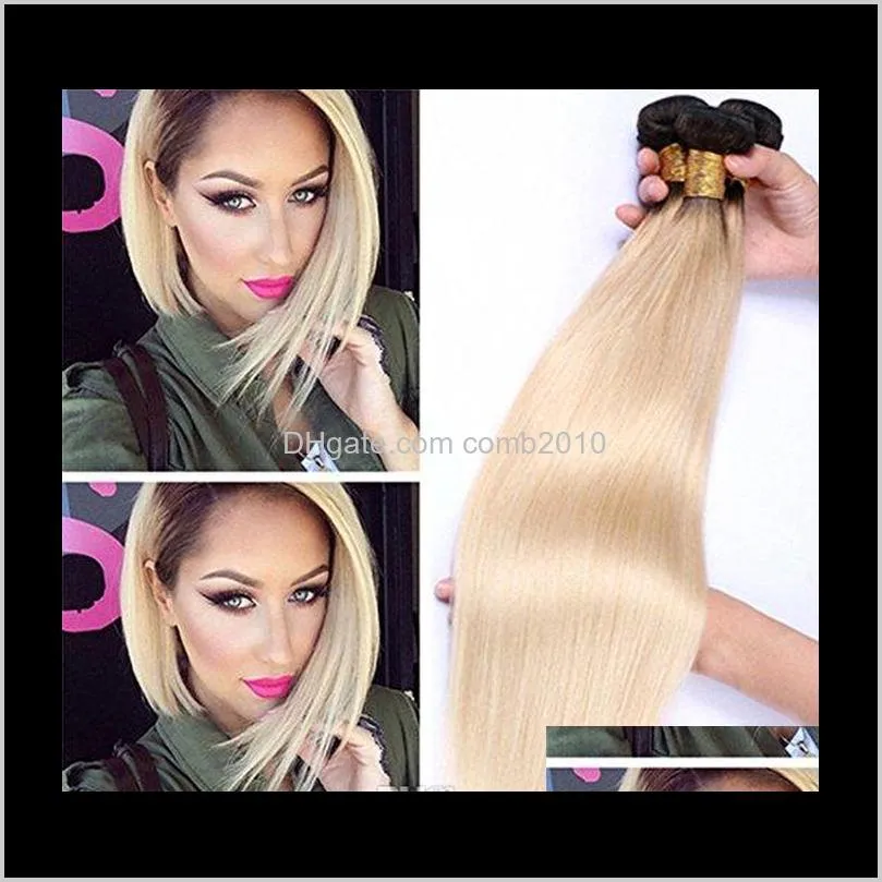 brazilian straight human hair weaves ombre t1b/613 blonde two tone color full head 3pcs/lot double wefts remy hair extensions