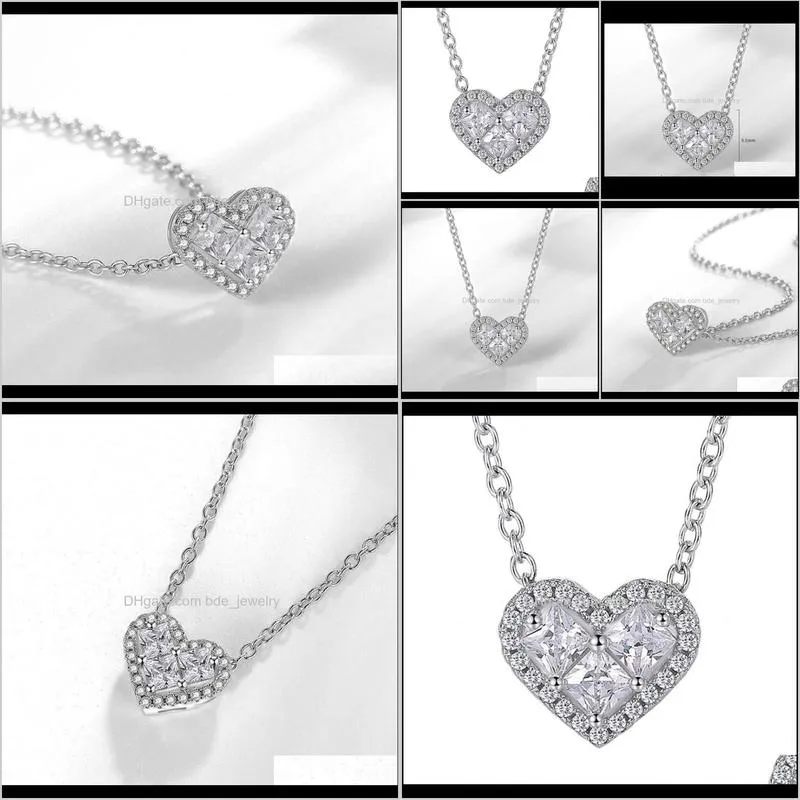 cute sweet fashion jewelry 925 sterling silver princess cut three white topaz cz diamond heart pendant women wedding necklace with