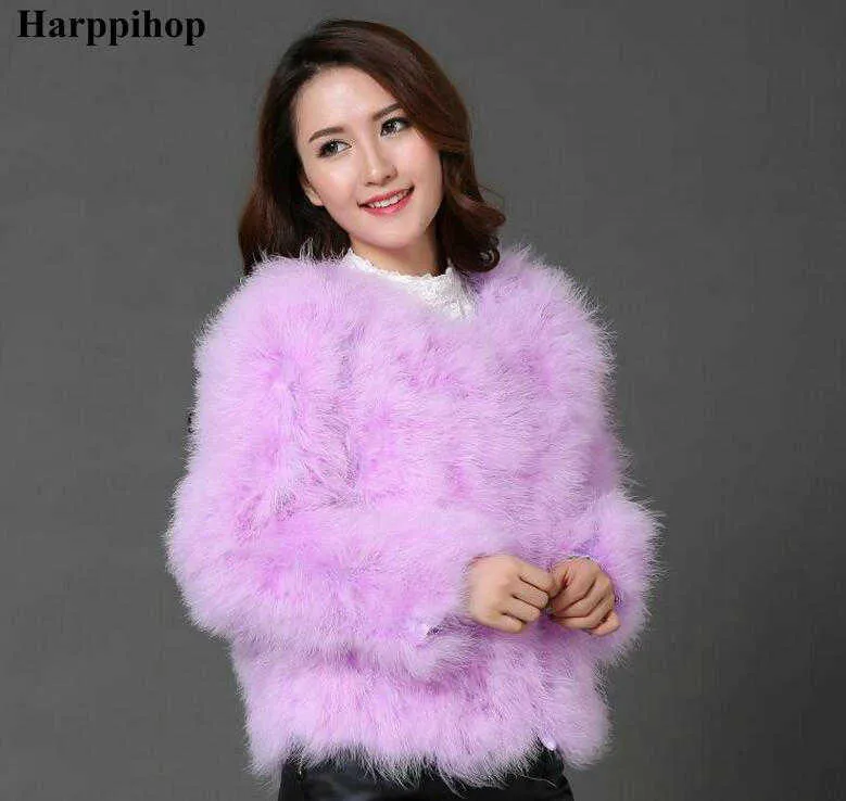 Harppihop 13 kleuren mode sexy struisvogel wollen turkije bont vrouwen jas veer korte plus size jas winterfestival lange mouw y0829