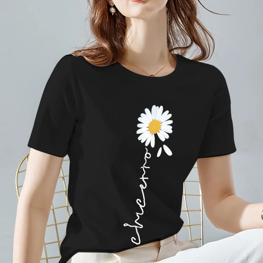 Kvinnor T-shirt Vintage Kvinnor Daisy Flower Pattern Print Serie Sommar Svart All-Match O Neck Kortärmad Tees Casual Topps XXS-3XL