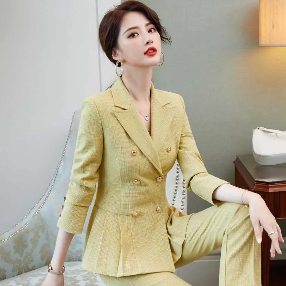 Plus size ladies high quality suit pants two-piece double-breasted office jacket overalls Slim trousers 210527