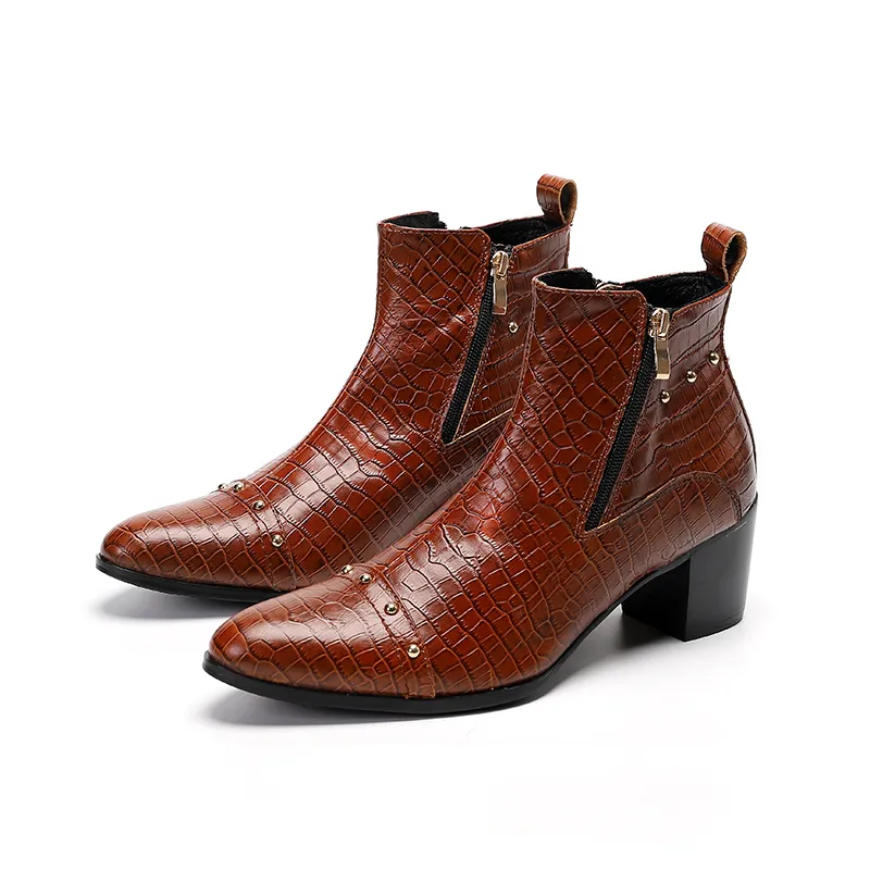 Stivali da cowboy Uomo Tacchi alti 6,8 cm Stivaletti in pelle morbida nera Tacchi spessi Scarpe da uomo Zapatos Hombre Stivali da uomo con cerniera