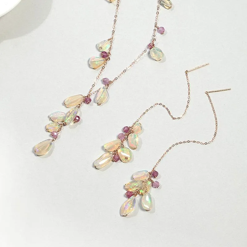 Ensemble de bijoux en opale pour femmes, boucles d'oreilles, collier, pierres précieuses naturelles, or Rose massif pur 18K, fait à la main, cadeau élégant