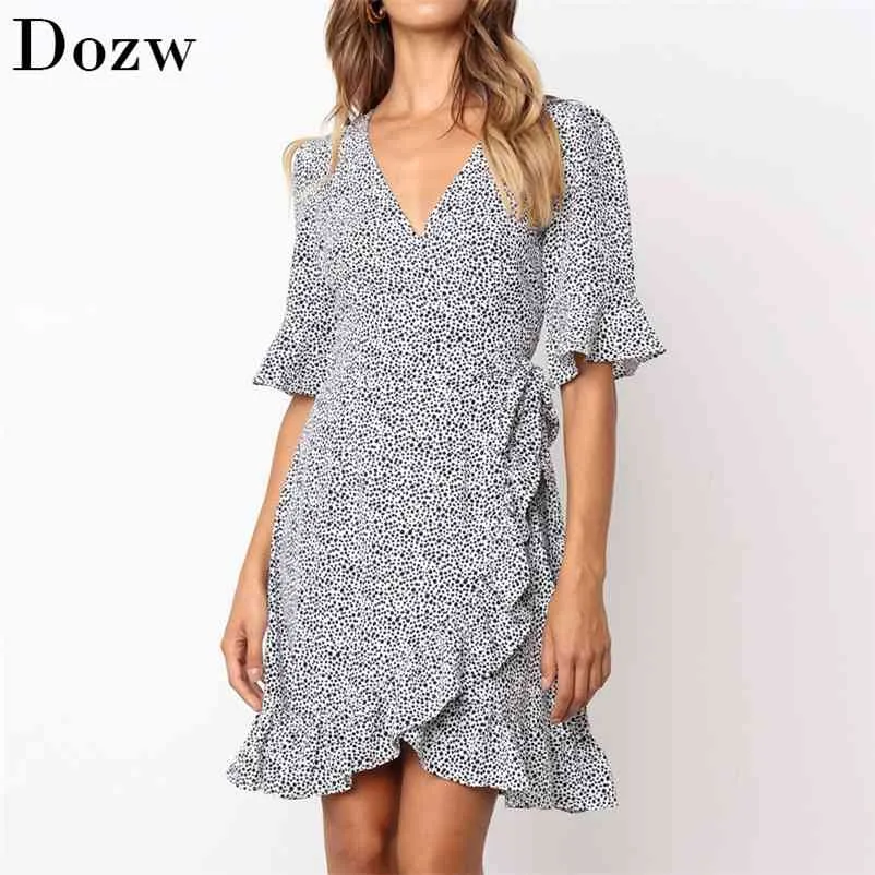 Sommarklänning Kvinnor Polka Dot Boho Ruffle Short Sleeve Beach Sexig Deep V Neck Mini Party Es Sundress Vestidos 210515