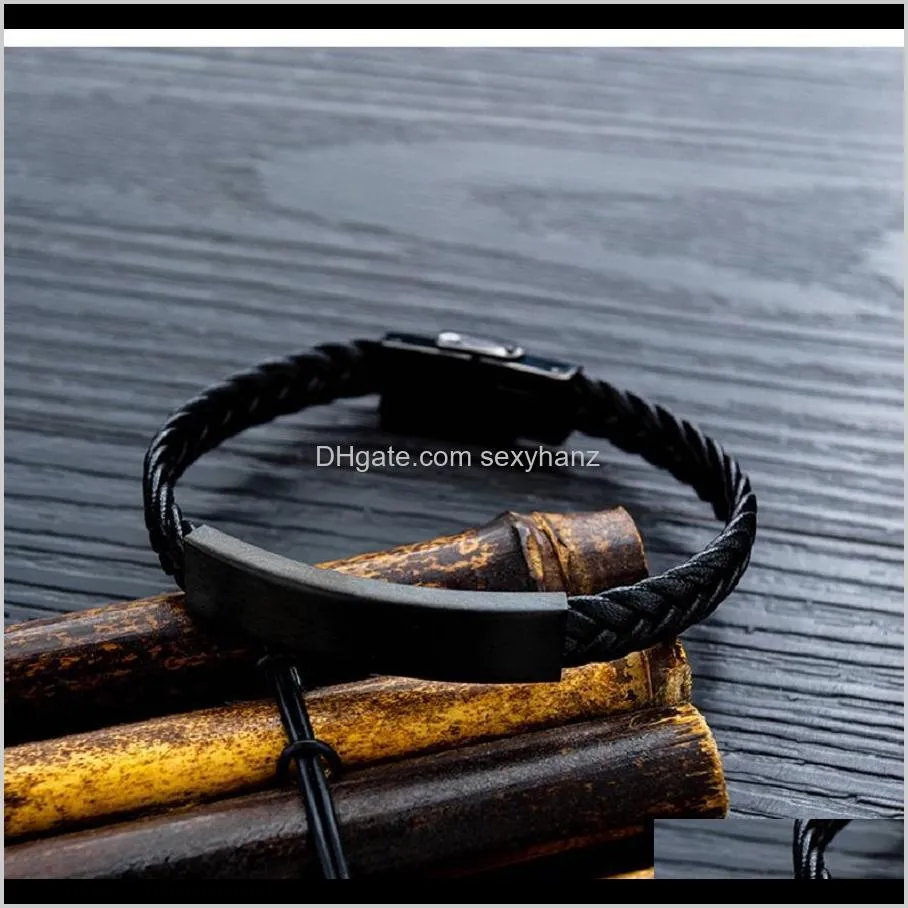 Fashion Jewelry Mens Black Charm Handmade Braid Leather Bracelet Finding Stainless Steel New Design Diy Punk Hip Hop Bracelets For Men