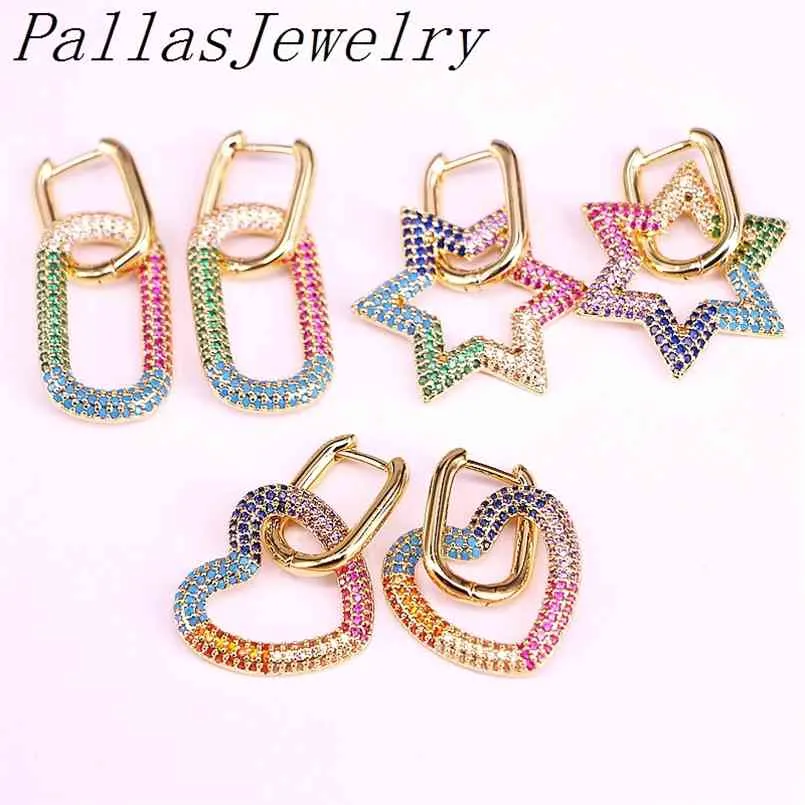5 paires, boucles d'oreilles étoile / ovale / coeur pour femmes arc-en-ciel cubique zircone micro pavé bijoux couleur or 210723