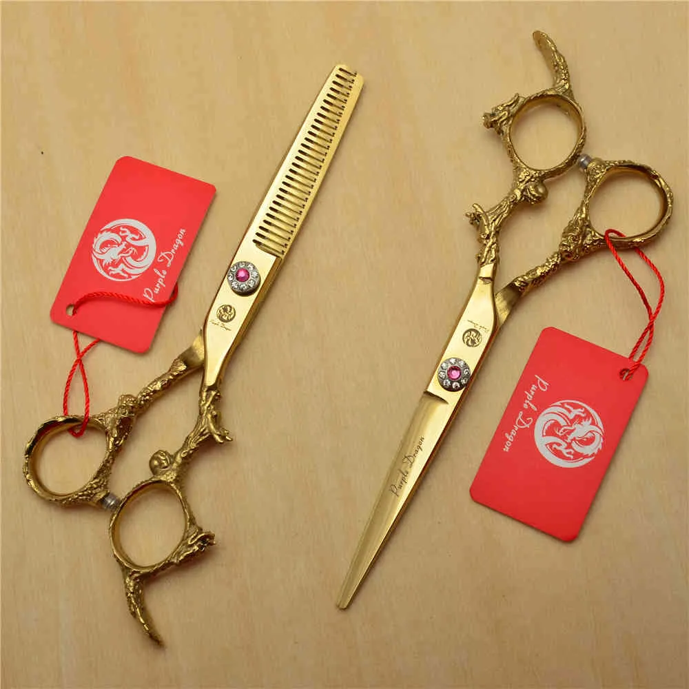 2Pcs 6'' 17.5cm Golden 440C Professional Human Hair Scissors Hairdressing Cutting + Thinning Shears Dragon Carving Z9005