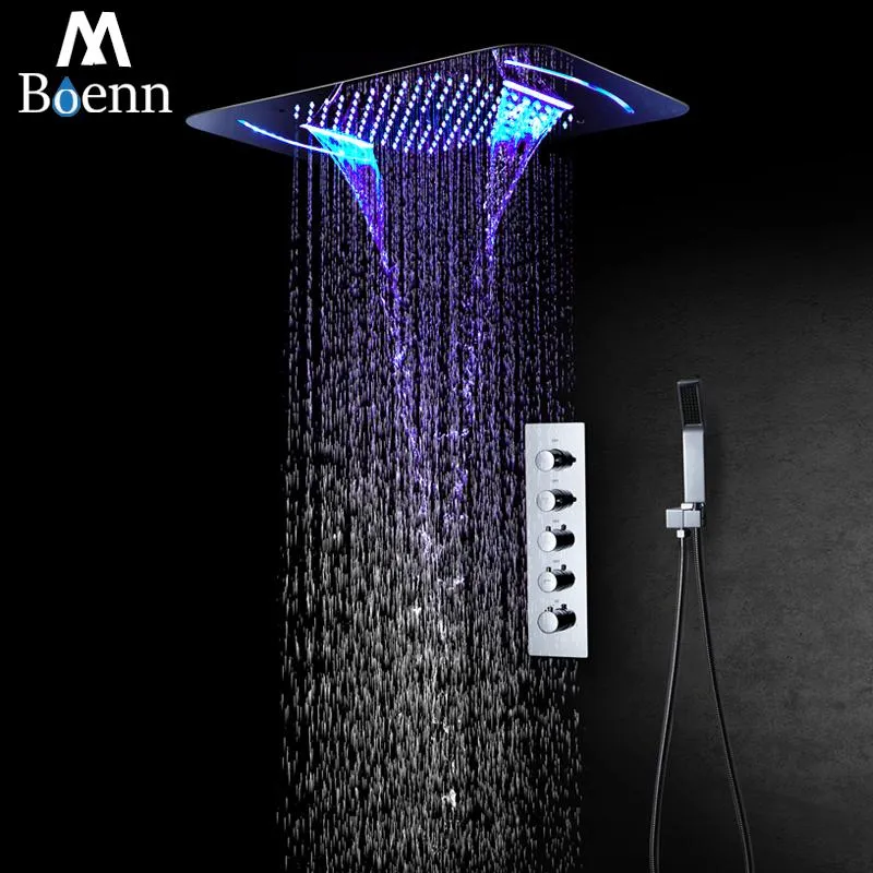 Boenn Rain Shower Systems Torneira de banheiro com cabeça de LED Válvula termostática Torneira misturadora de banho Conjunto de teto embutido Conjuntos cromados