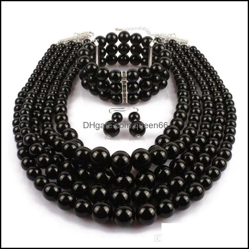 Red Imitation Pearls Bridal Jewelry Sets Women Fashion Wedding Gift Classic Ethnic Collar Choker Necklace Bracelet Earring Sets