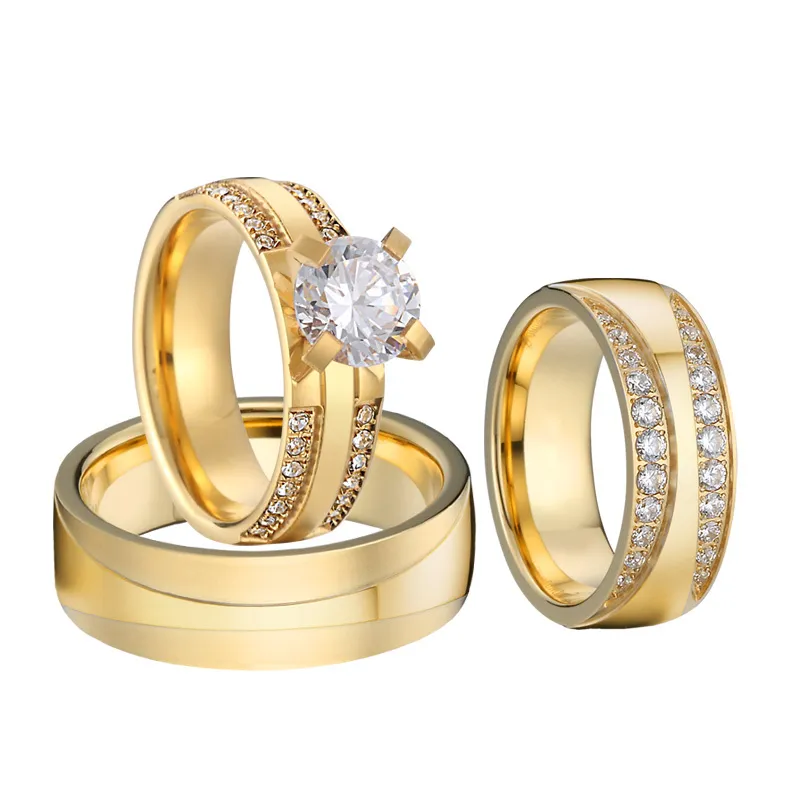 3pcs Luxury Dubai Golden Lovers Promise Wedding Rings Set för Par Män och Kvinnor Alliance Äktenskap Förlovningsring