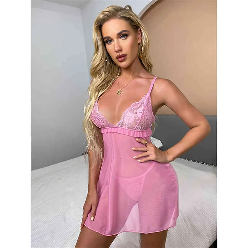 New Pink Deep V See Through Lace Strap Sexy Women Lingerie Pajamas Ladies  Mature Sleepwear Nude Nightdress 211208