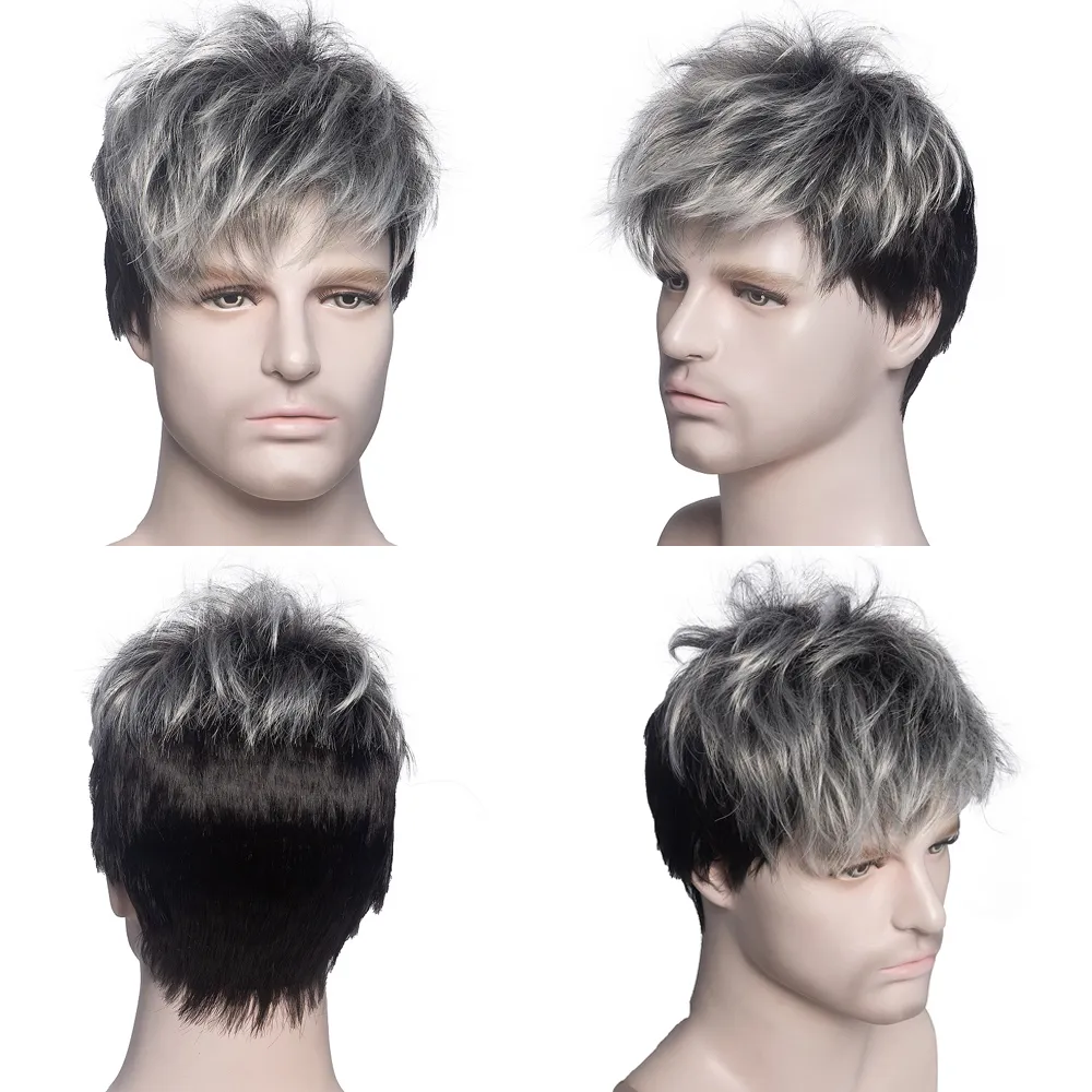 Män kort lockig syntetisk peruk ombre gråbrun peruk för mens hår dagliga realistiska naturliga peruker