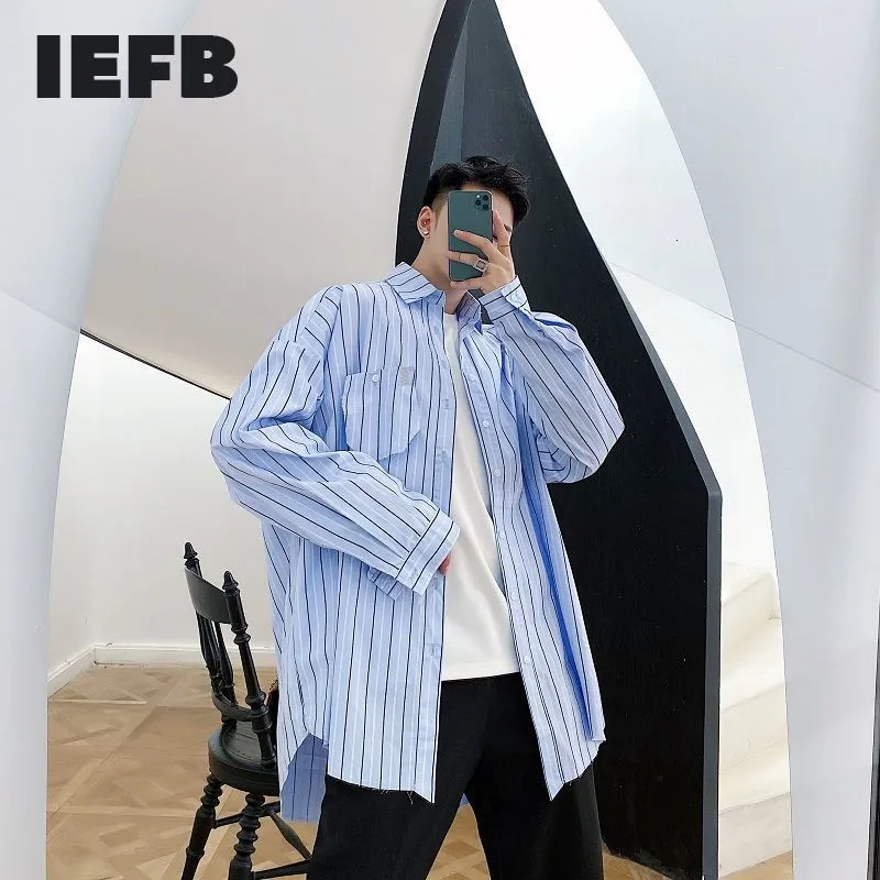 IDEEFB / MENA Noszenie wiosna z długim rękawem Koszule do męskiej Fashio Design Luźne Niebieskie paski Surowe strony Modne Topy 9Y3989 210524