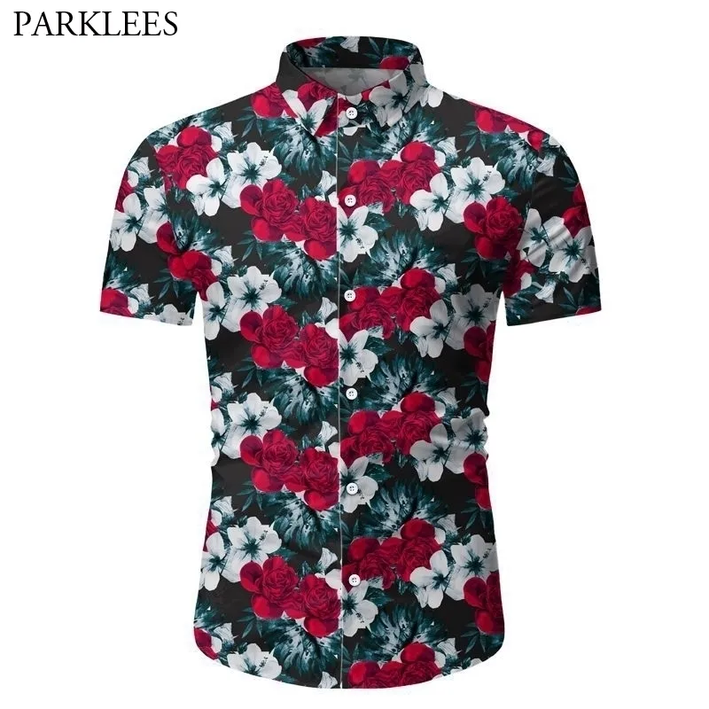 Stylish Floral Print Shirt for Men Summer Brand Short Sleeve Slim Fit Mens Hawaiian Shirt Casual Holiday Beach Chemises 210522