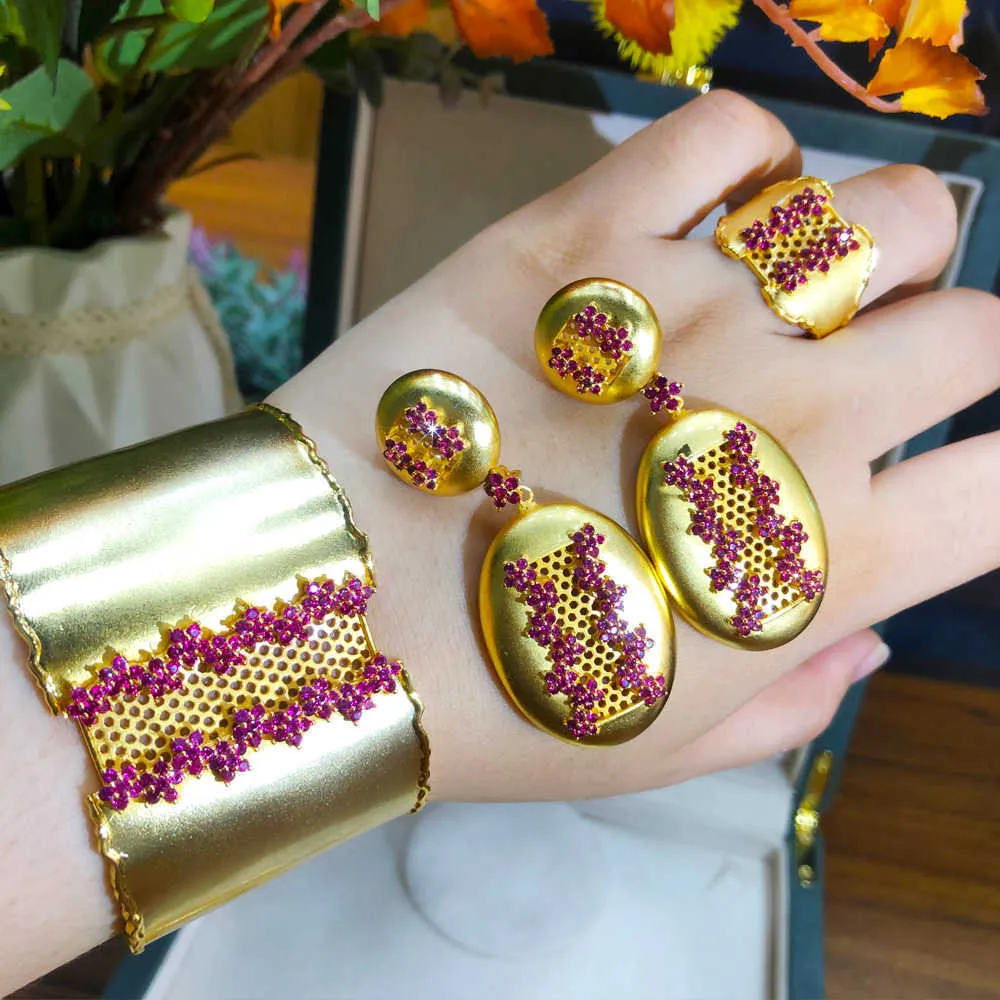 missvikki Luxury Vintage golden cylinder Bangle Earrings Ring Jewelry Set for Women Bridal Wedding Superstar Party Jewelry BOHO H1022