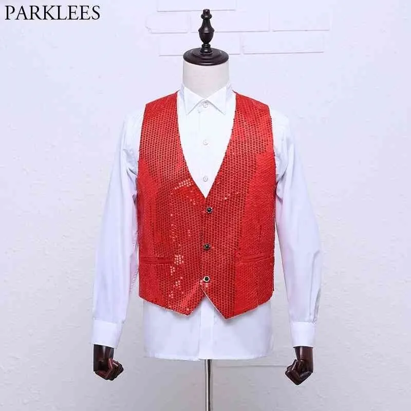 Lantejoulas vermelhas embelezadas colete homens noivo de casamento slim ajuste v pescoço vestido brilhante vestes homens dj bar clube paillette gilet homme 2xl 210522