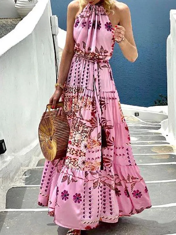 カジュアルドレス2021製品ファッションプリントホルターノースリーブHalterneckロングドレス女性